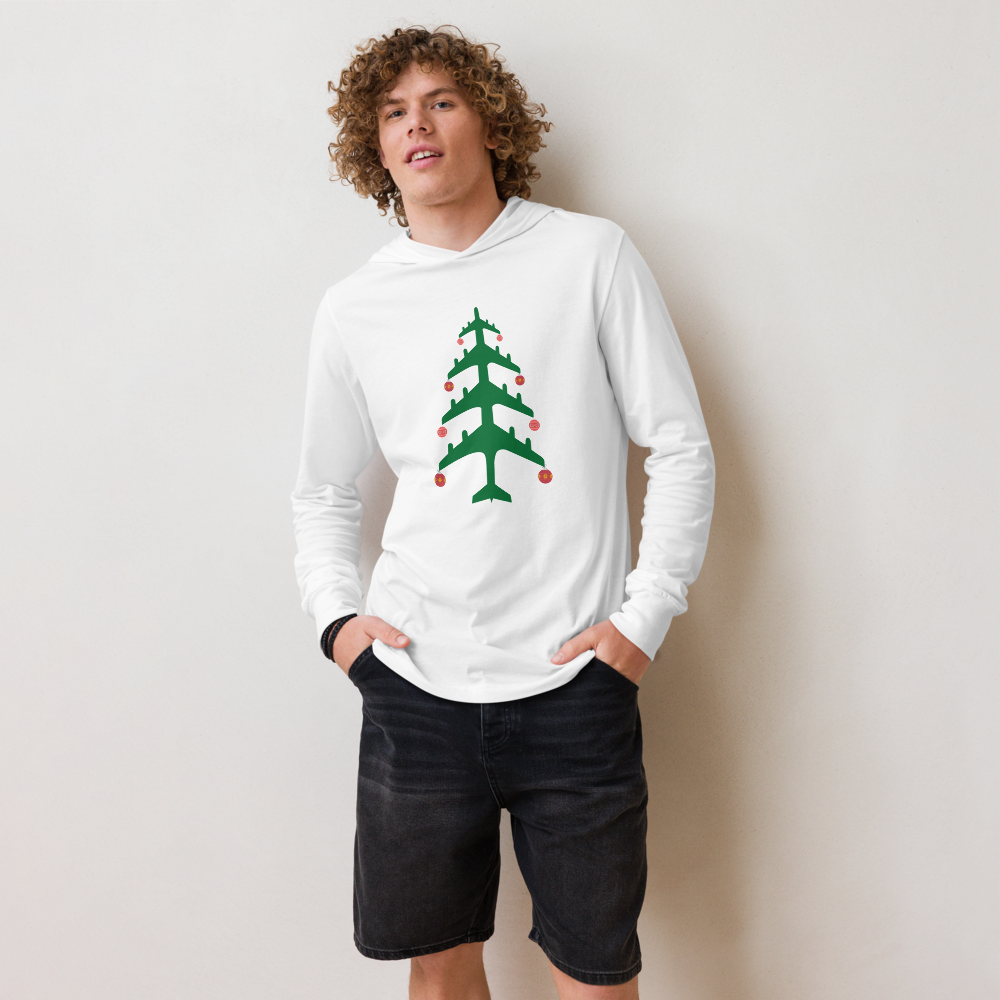 Airplane Christmas Tree Lightweight Hooded Long-Sleeve Tee - UNISEX - 2 COLORS