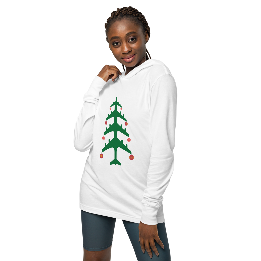 Airplane Christmas Tree Lightweight Hooded Long-Sleeve Tee - UNISEX - 2 COLORS