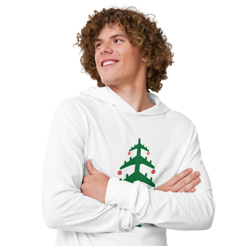 Airplane Christmas Tree Lightweight Hooded Long-Sleeve Tee - UNISEX - 2 COLORS